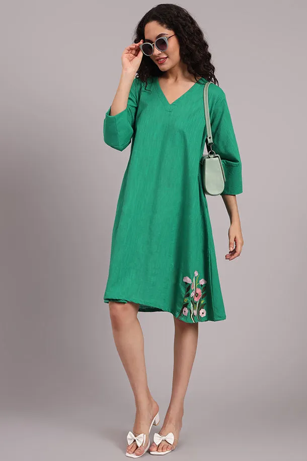 Meadow Charm Embroidered Cotton Dress  Green