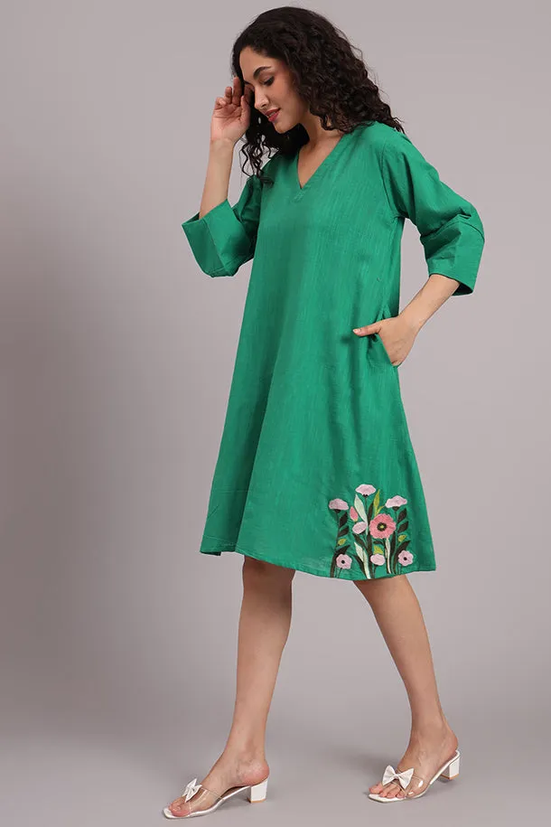 Meadow Charm Embroidered Cotton Dress  Green
