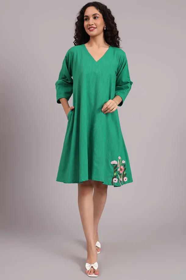 Meadow Charm Embroidered Cotton Dress  Green