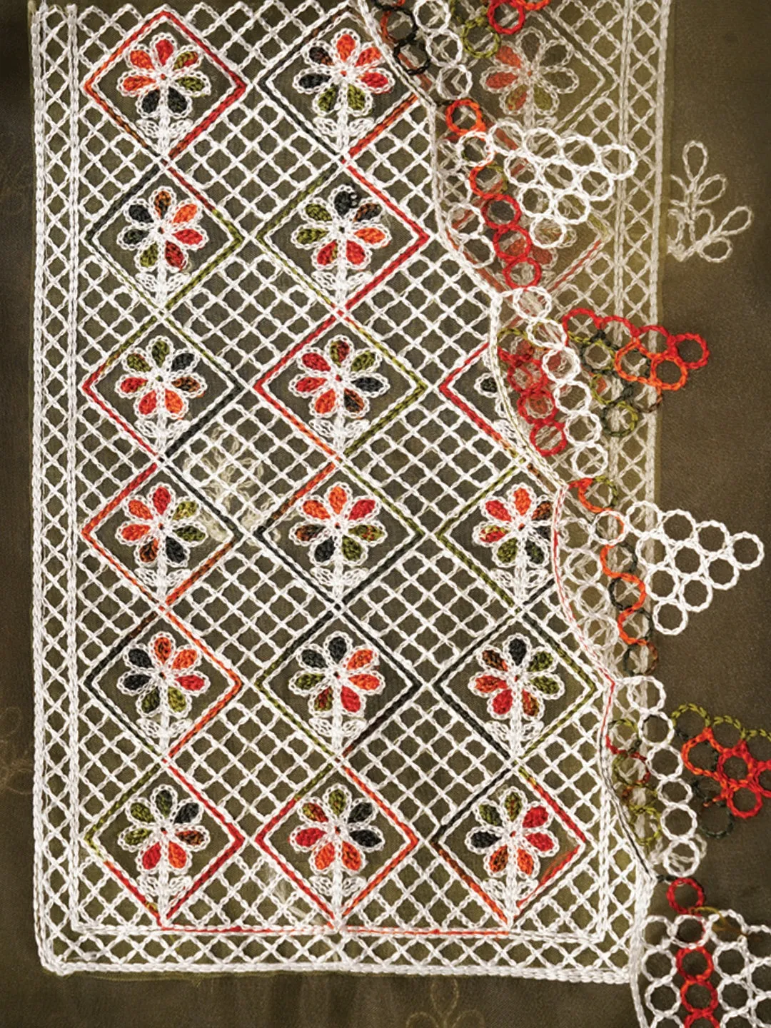 Mehandi Zari Embroidered Organza Dress Material with Dupatta