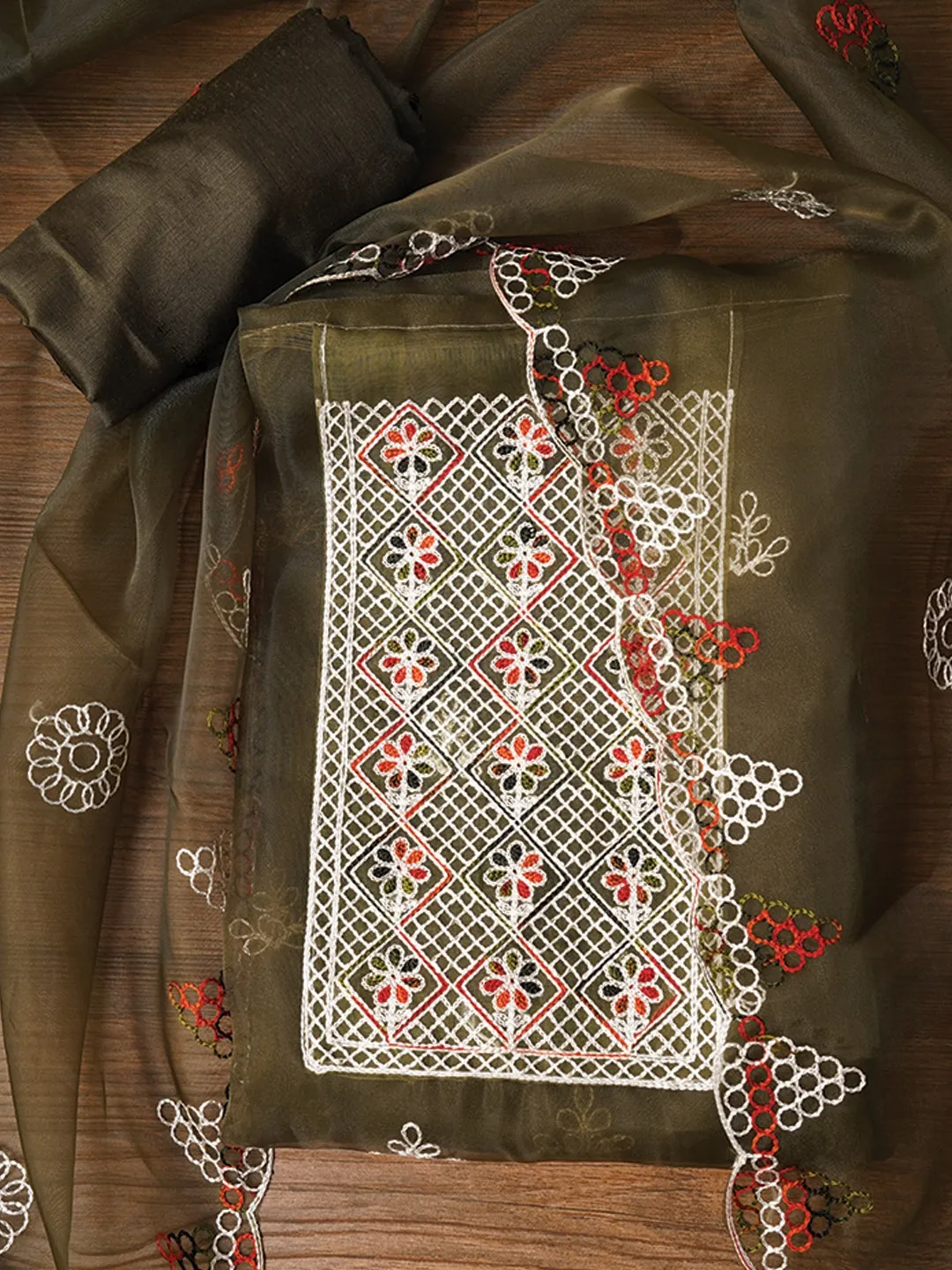Mehandi Zari Embroidered Organza Dress Material with Dupatta