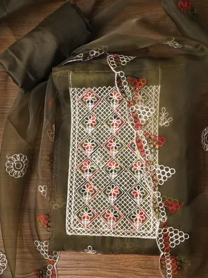Mehandi Zari Embroidered Organza Dress Material with Dupatta