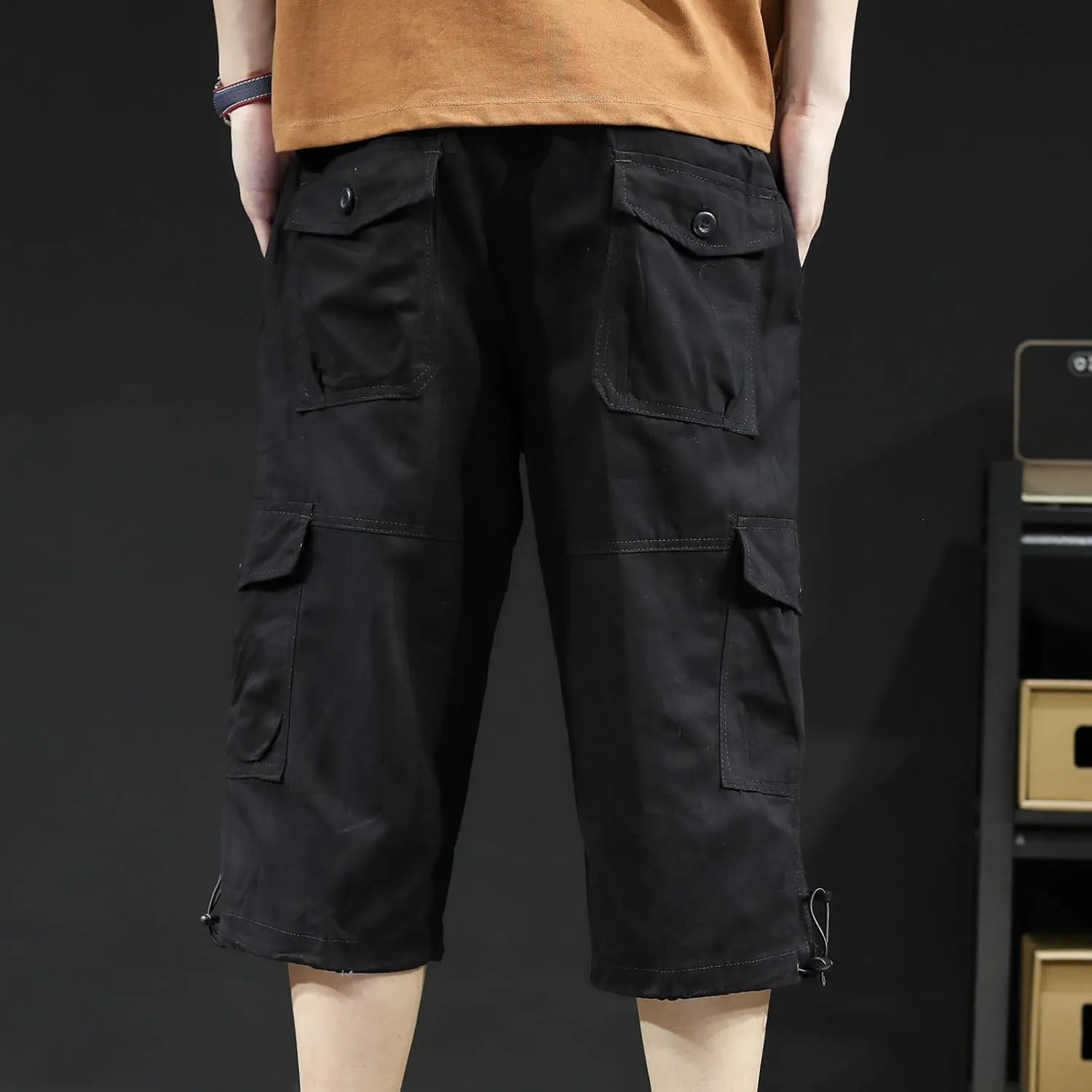 Mens Athletic Pants Casual Stylish Cotton Solid Multi Pockets Cargo Shorts Big and Tall Utility Tooling Shorts