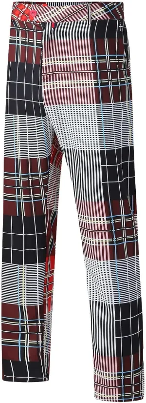 Mens Fashion Plaid Stretch Dress Pants Business Straight Leg Slim Fit Flat-Front Chino Pant Checkered Work Suit Pants