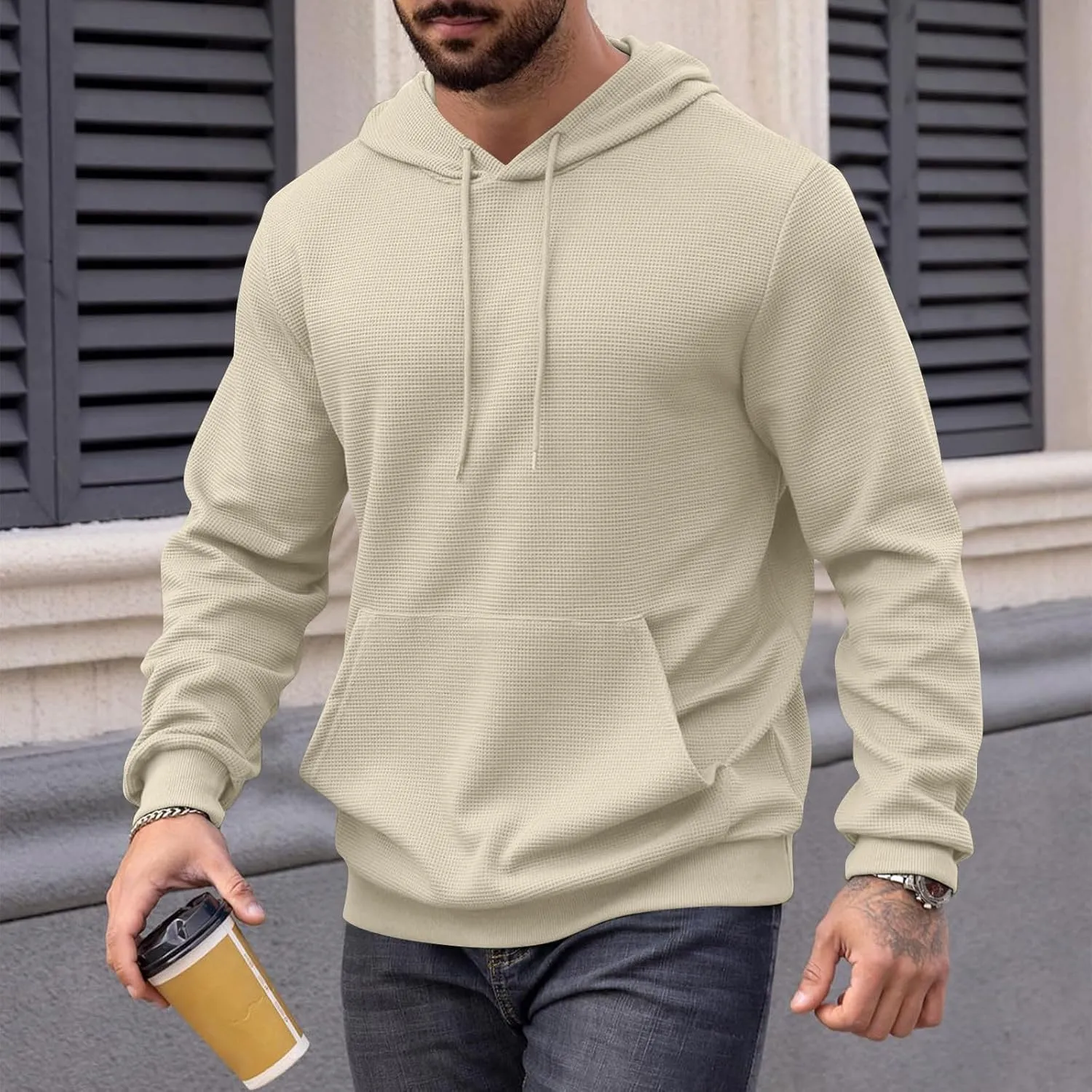 Mens Hooded Sweatshirts Pullover Causal Stylish Solid Long Sleeve Drawstring Gym Hooded Shirt Outdoor Fashion Top Tee
