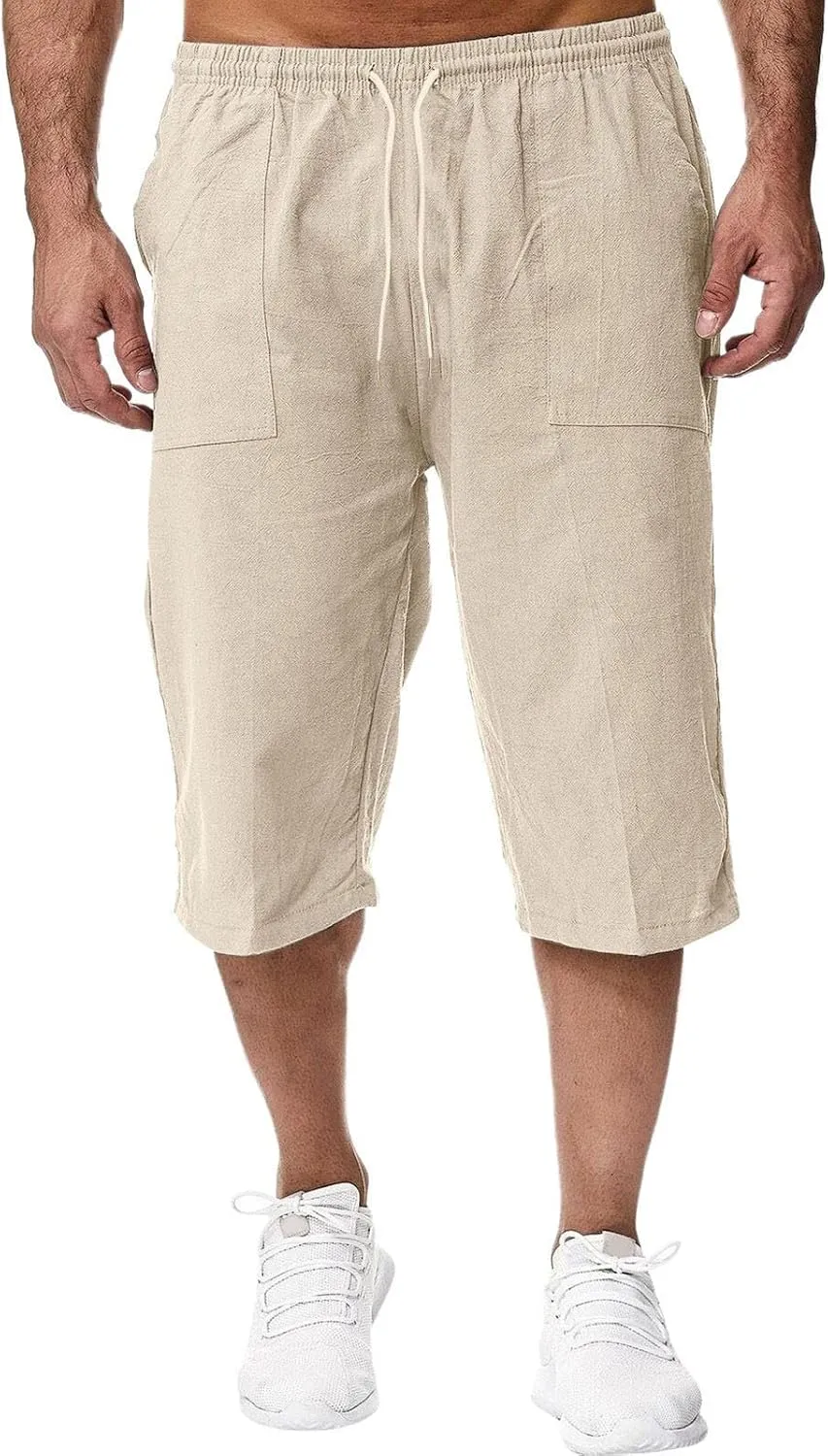 Mens Pants Stretch Capri Pants Solid Color Lightweight Baggy Drawstring Elastic Waist Beach Slim Fit Casual Pant