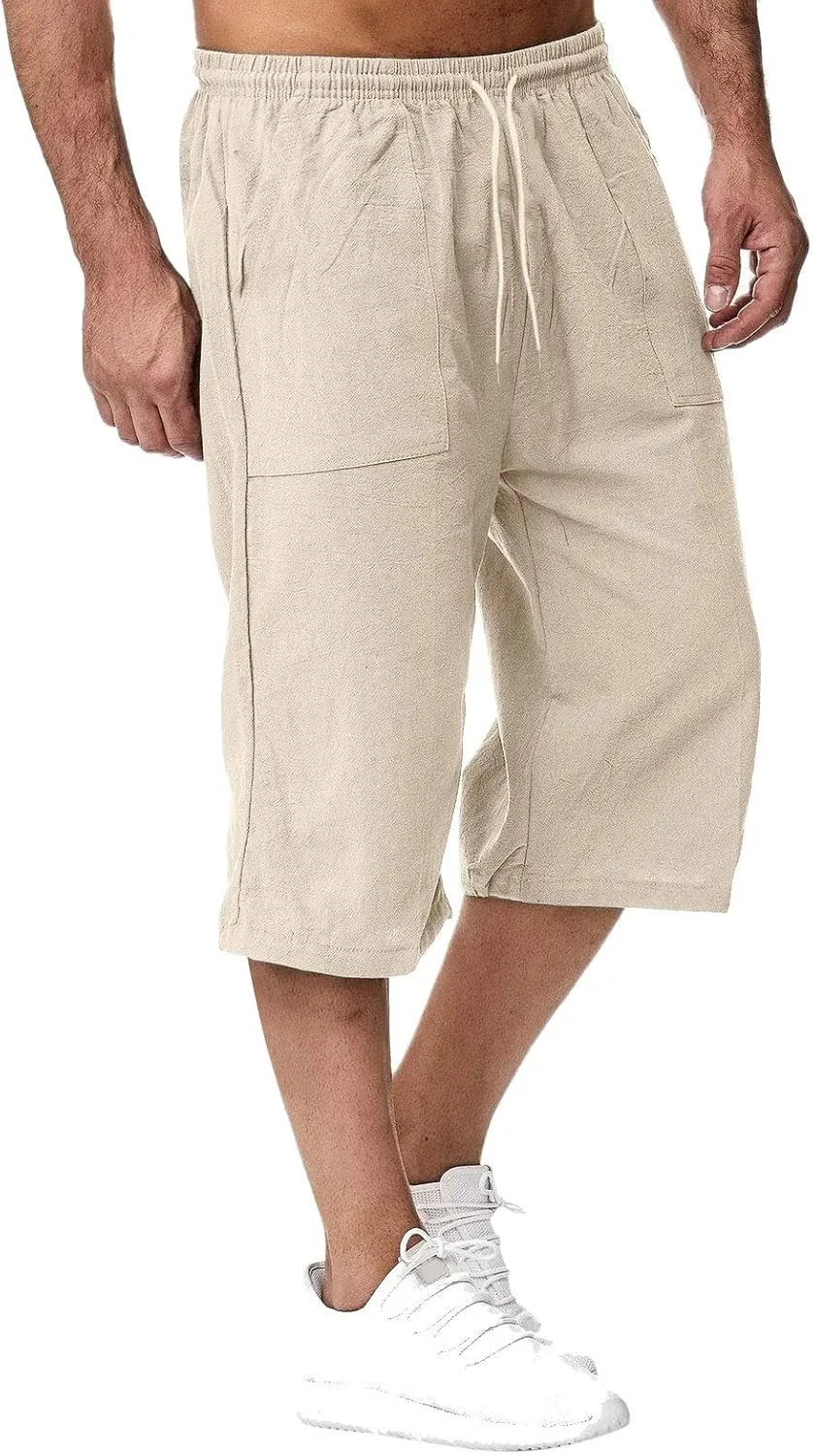 Mens Pants Stretch Capri Pants Solid Color Lightweight Baggy Drawstring Elastic Waist Beach Slim Fit Casual Pant