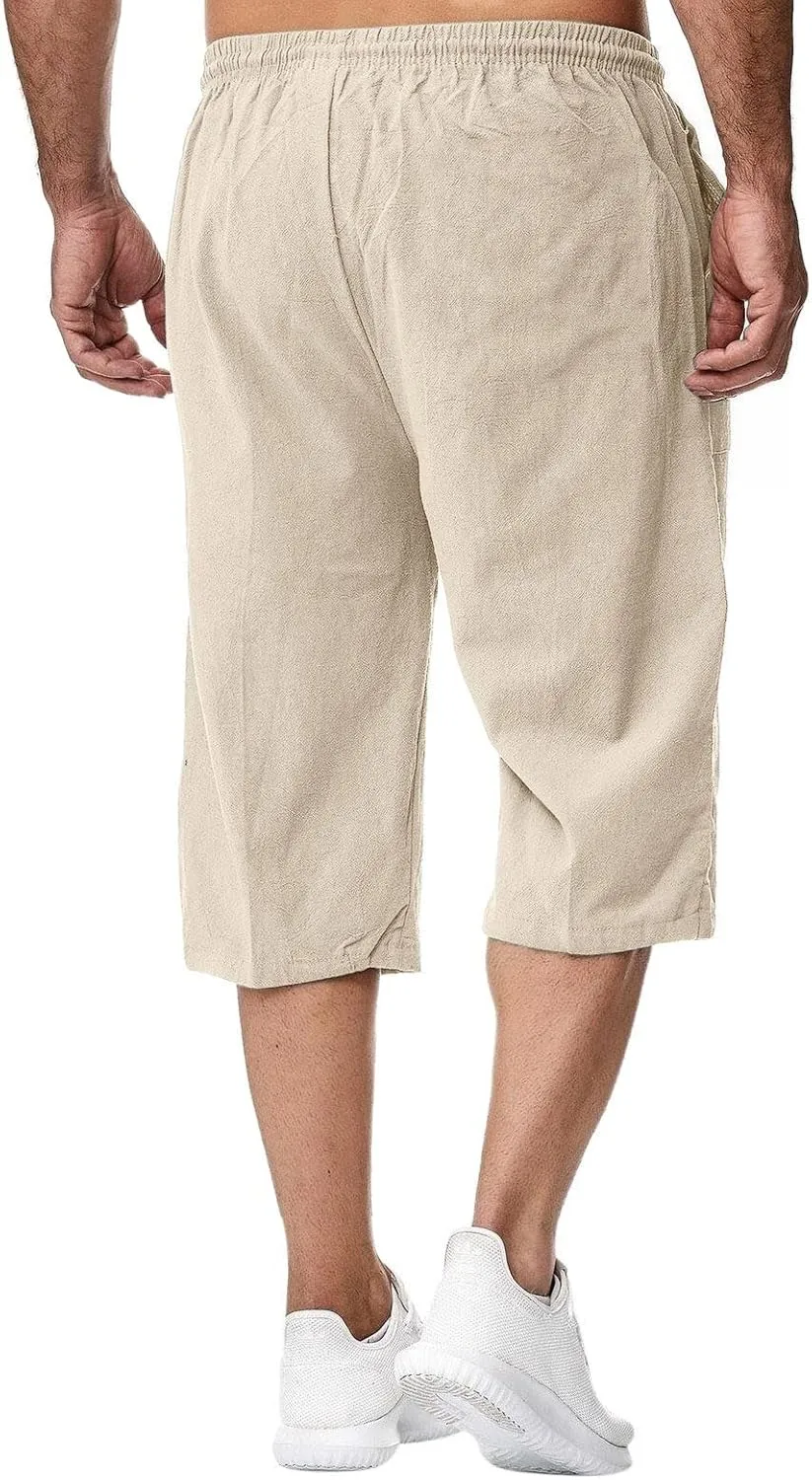 Mens Pants Stretch Capri Pants Solid Color Lightweight Baggy Drawstring Elastic Waist Beach Slim Fit Casual Pant