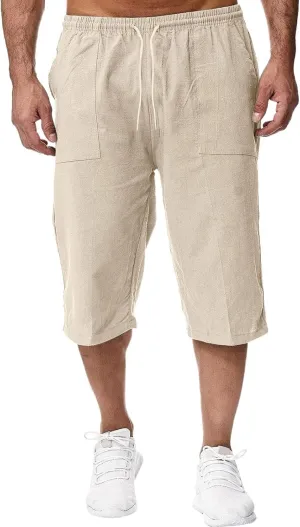 Mens Pants Stretch Capri Pants Solid Color Lightweight Baggy Drawstring Elastic Waist Beach Slim Fit Casual Pant