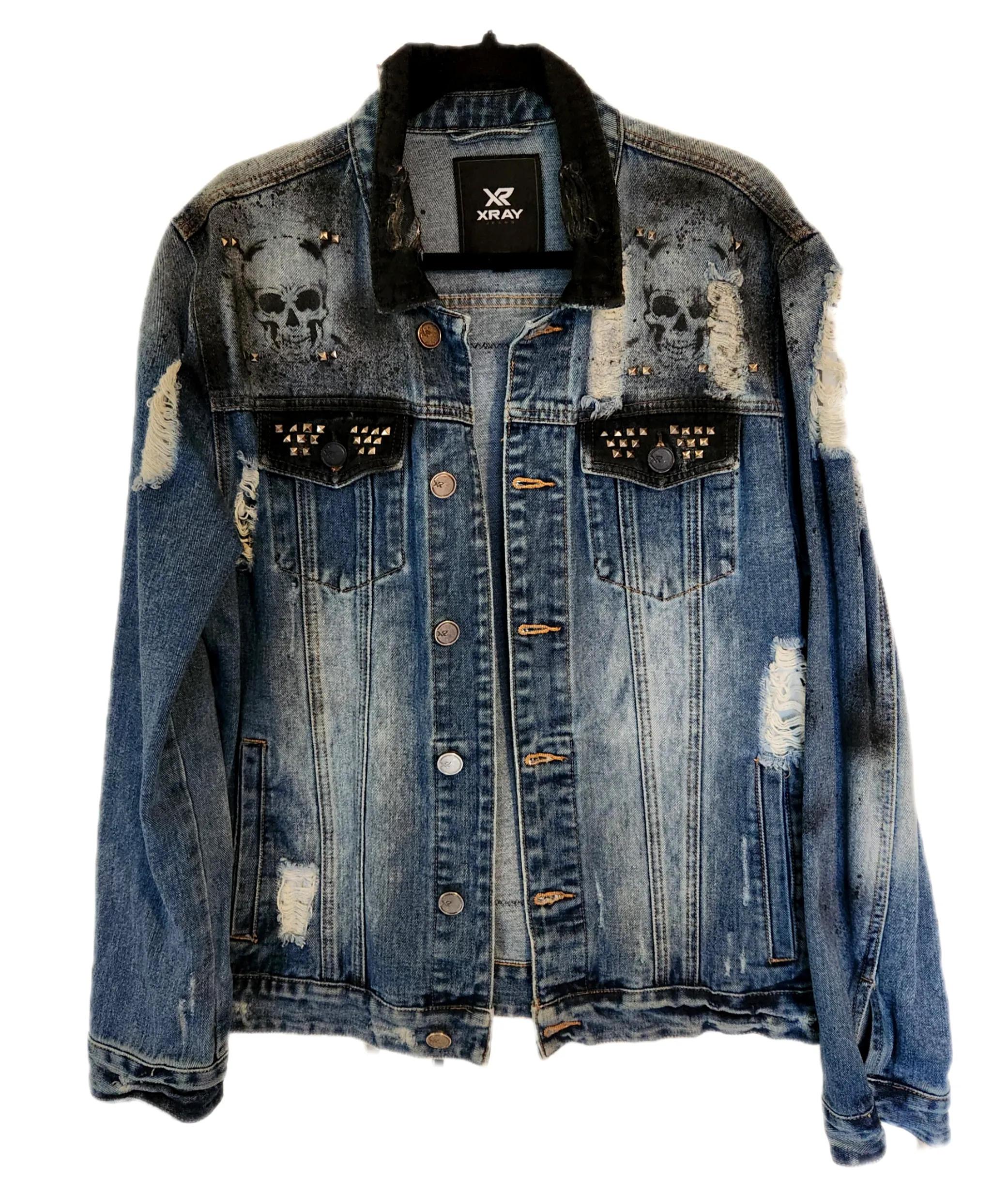 Mens reworked Johnny Cash distressed denim jacket- size Large