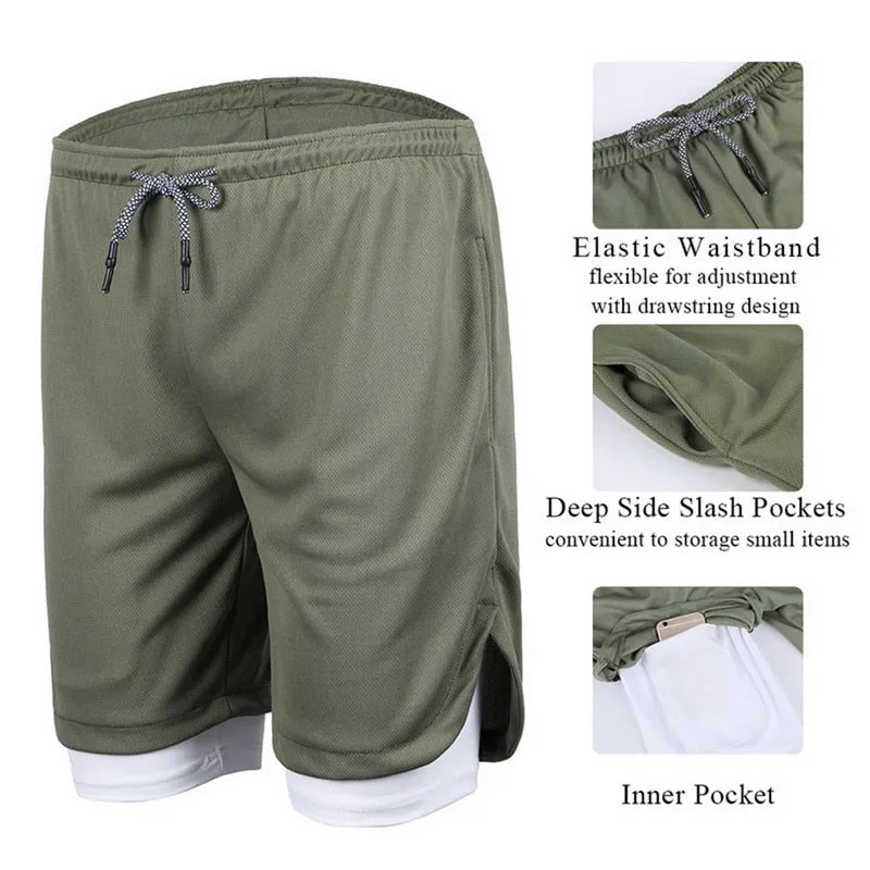 Mens Running Shorts 2 In 1 Double-deck Quick Dry GYM Sport Fitness Jogging Workout Compression Breathable Skorts Outdoor