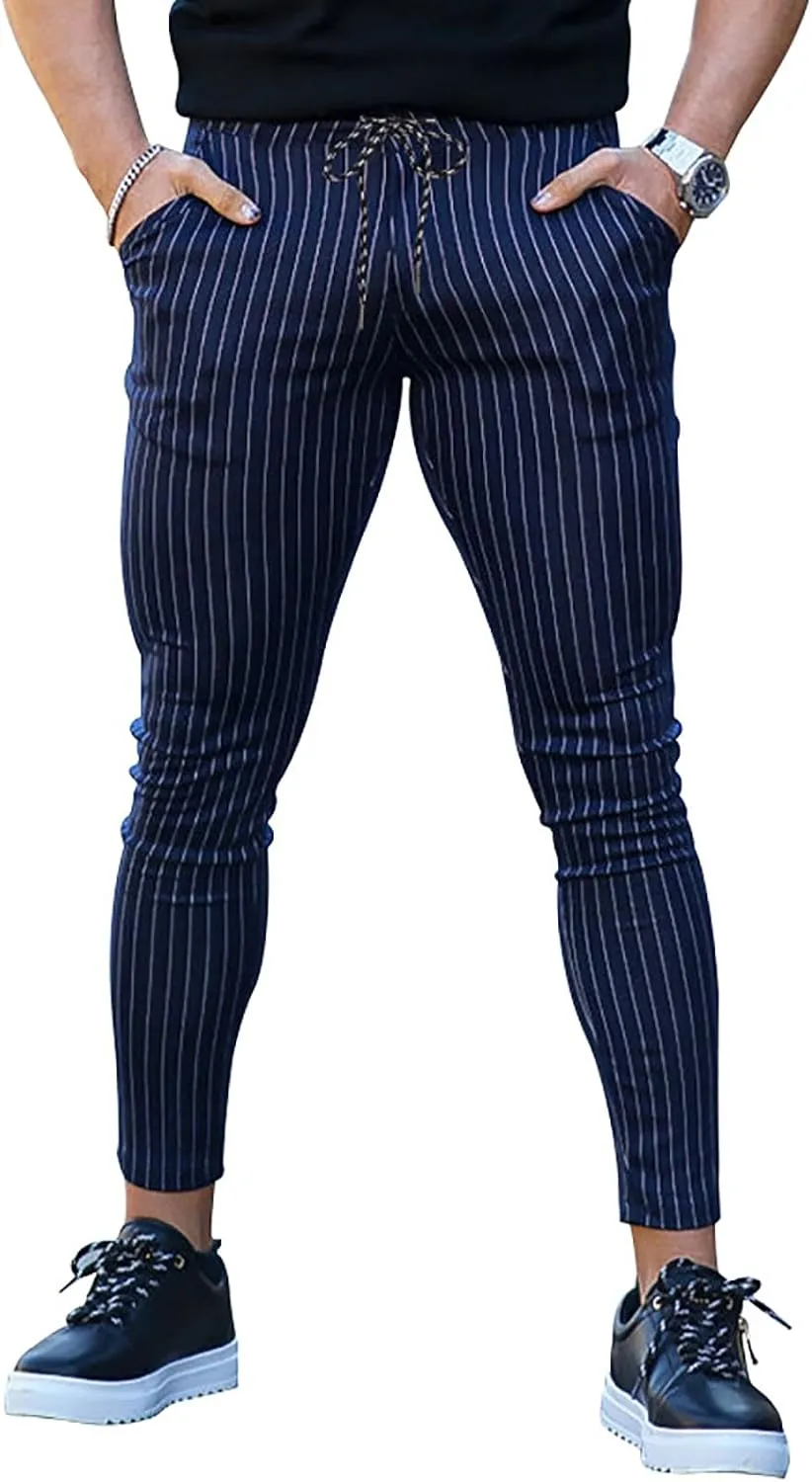 Mens Skinny Business Dress Chinos Pants Slim Fit Stretch Stripe Print Trousers for Men Flat-Front Casual Slacks for Men