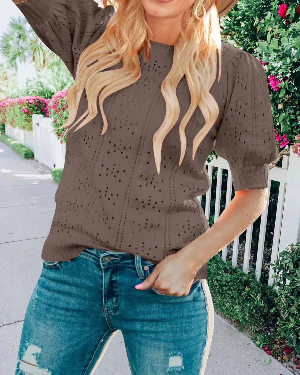 MEROKEETY Women's 2025 Spring Puff Short Sleeve Sweater Tops Crew Neck Crochet Knit Soft Pullover Shirt