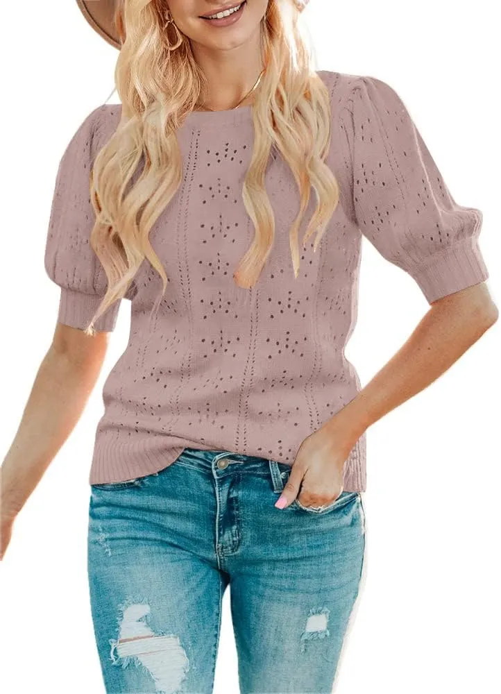 MEROKEETY Women's 2025 Spring Puff Short Sleeve Sweater Tops Crew Neck Crochet Knit Soft Pullover Shirt