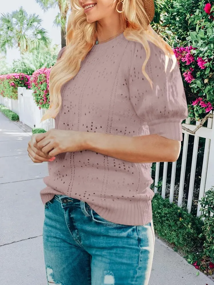 MEROKEETY Women's 2025 Spring Puff Short Sleeve Sweater Tops Crew Neck Crochet Knit Soft Pullover Shirt