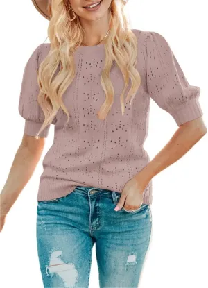 MEROKEETY Women's 2025 Spring Puff Short Sleeve Sweater Tops Crew Neck Crochet Knit Soft Pullover Shirt