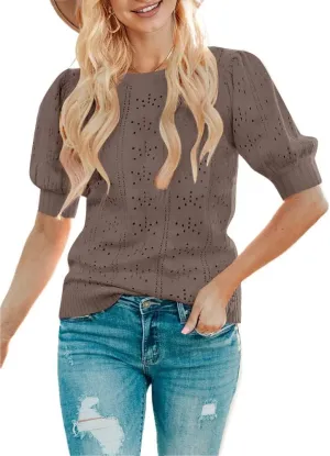 MEROKEETY Women's 2025 Spring Puff Short Sleeve Sweater Tops Crew Neck Crochet Knit Soft Pullover Shirt