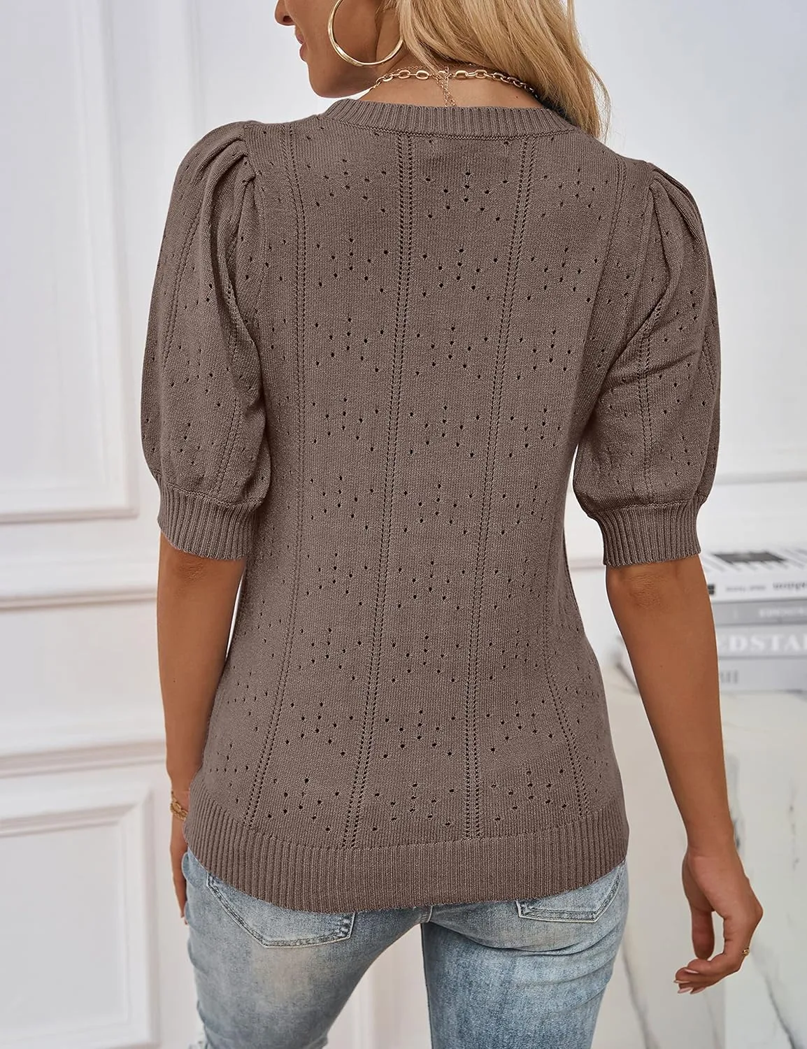 MEROKEETY Women's 2025 Spring Puff Short Sleeve Sweater Tops Crew Neck Crochet Knit Soft Pullover Shirt