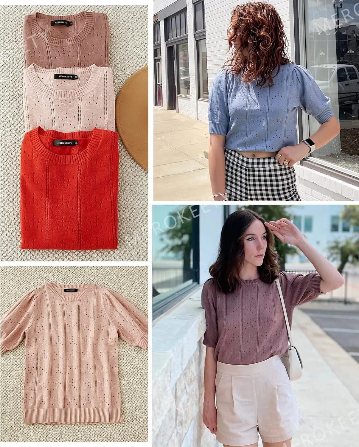 MEROKEETY Women's 2025 Spring Puff Short Sleeve Sweater Tops Crew Neck Crochet Knit Soft Pullover Shirt