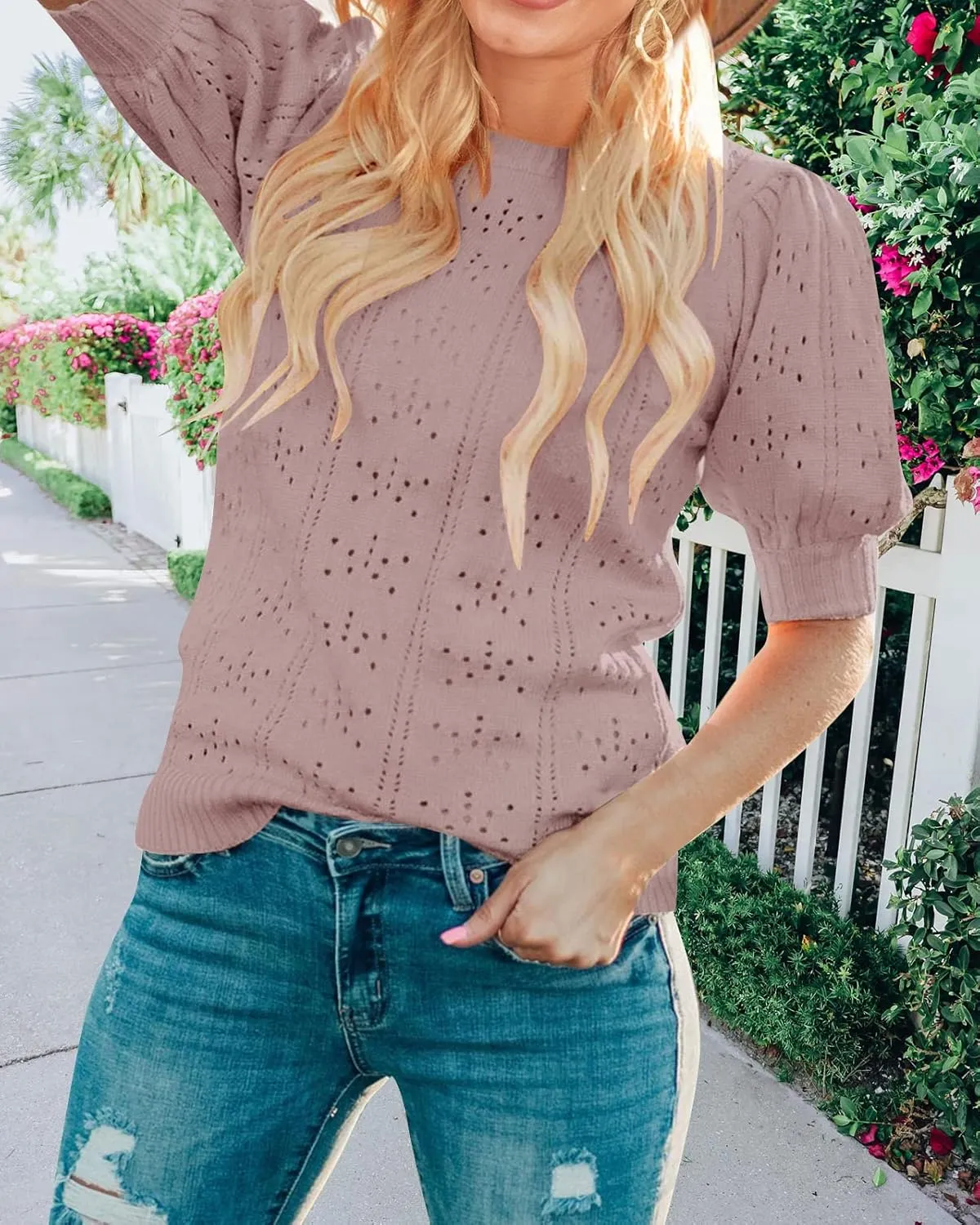 MEROKEETY Women's 2025 Spring Puff Short Sleeve Sweater Tops Crew Neck Crochet Knit Soft Pullover Shirt