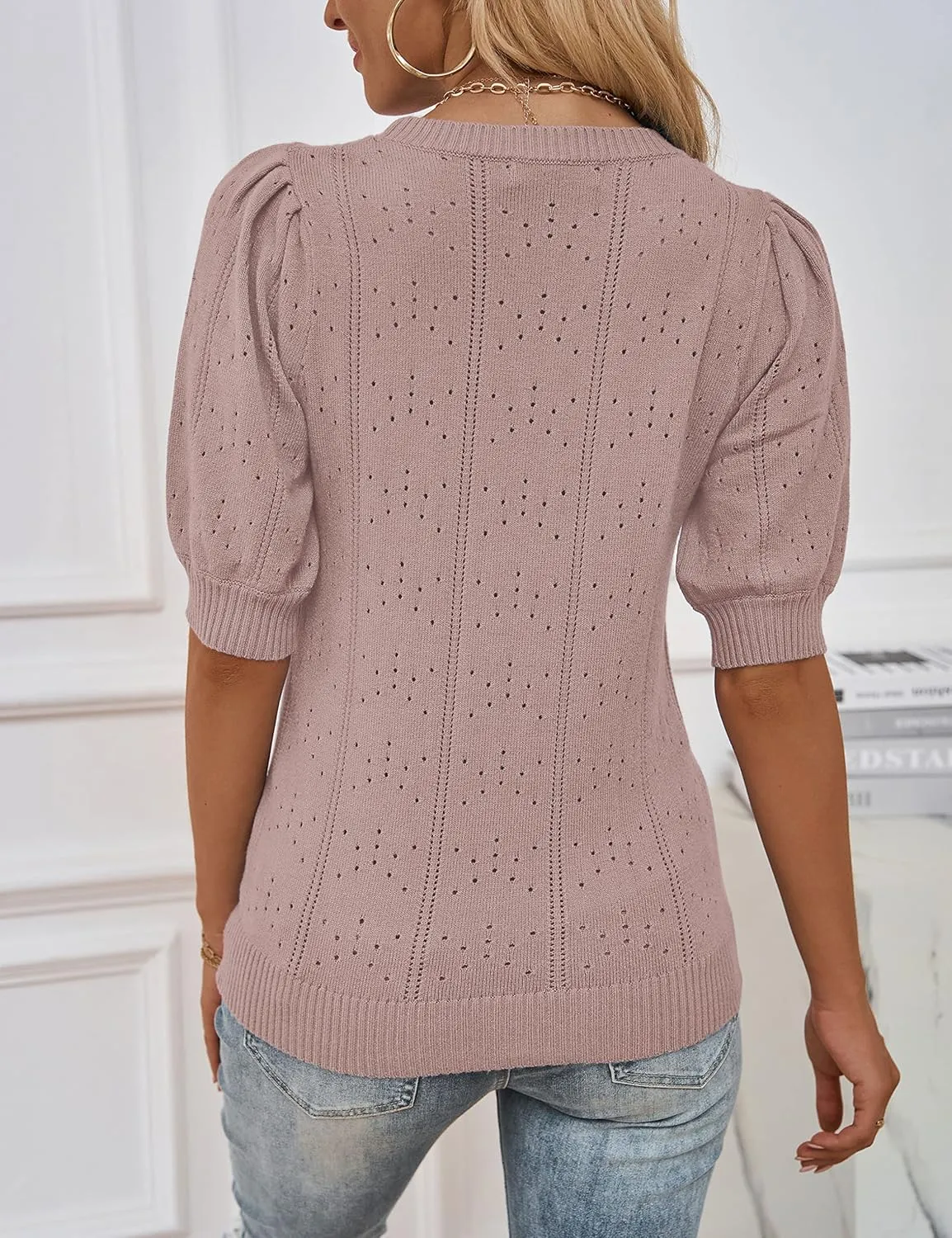 MEROKEETY Women's 2025 Spring Puff Short Sleeve Sweater Tops Crew Neck Crochet Knit Soft Pullover Shirt
