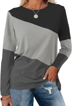 Minetom Women's Color Block Tops Casual Long Sleeve Tunic Round Neck Pullover Shirts