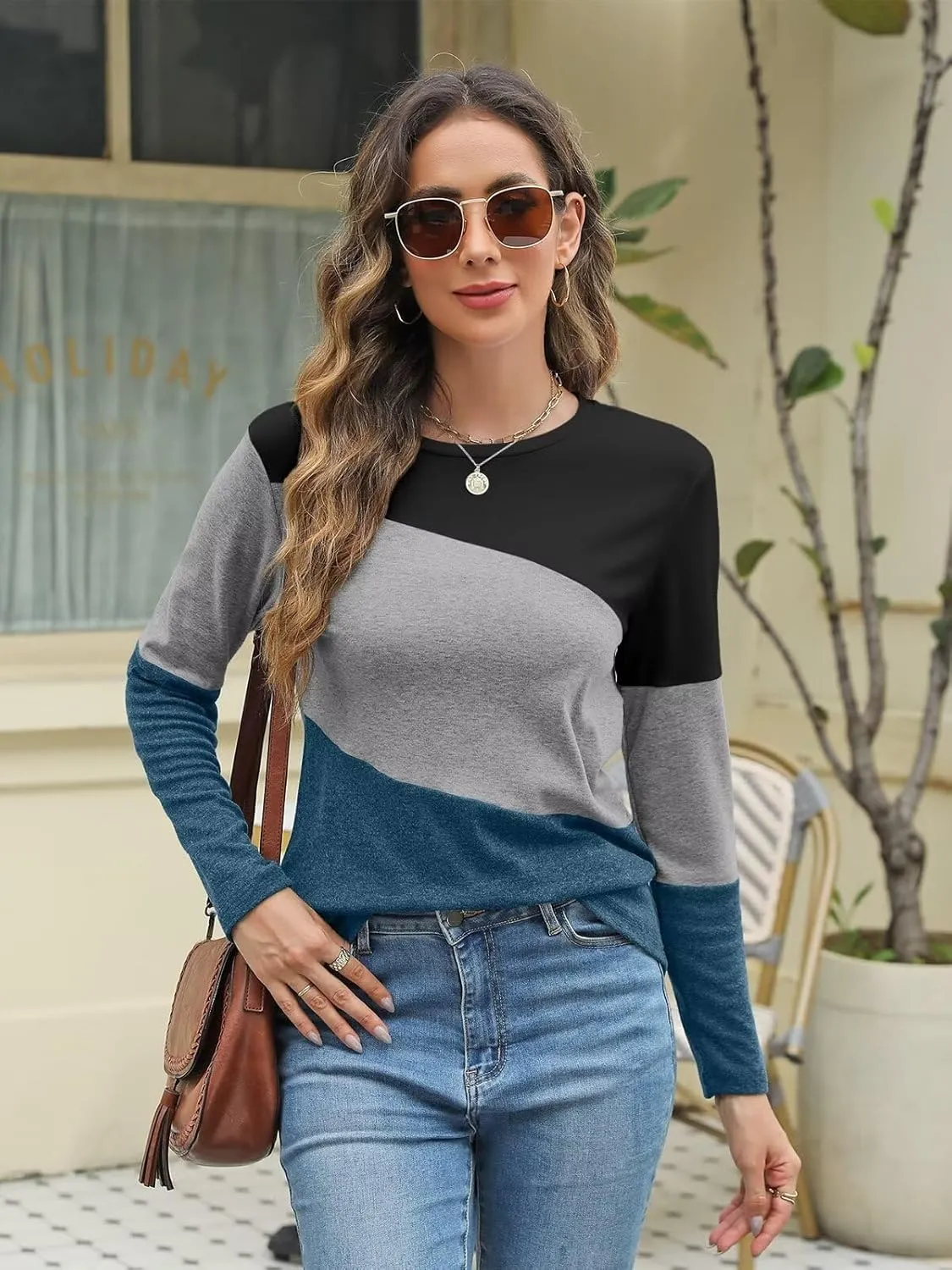 Minetom Women's Color Block Tops Casual Long Sleeve Tunic Round Neck Pullover Shirts