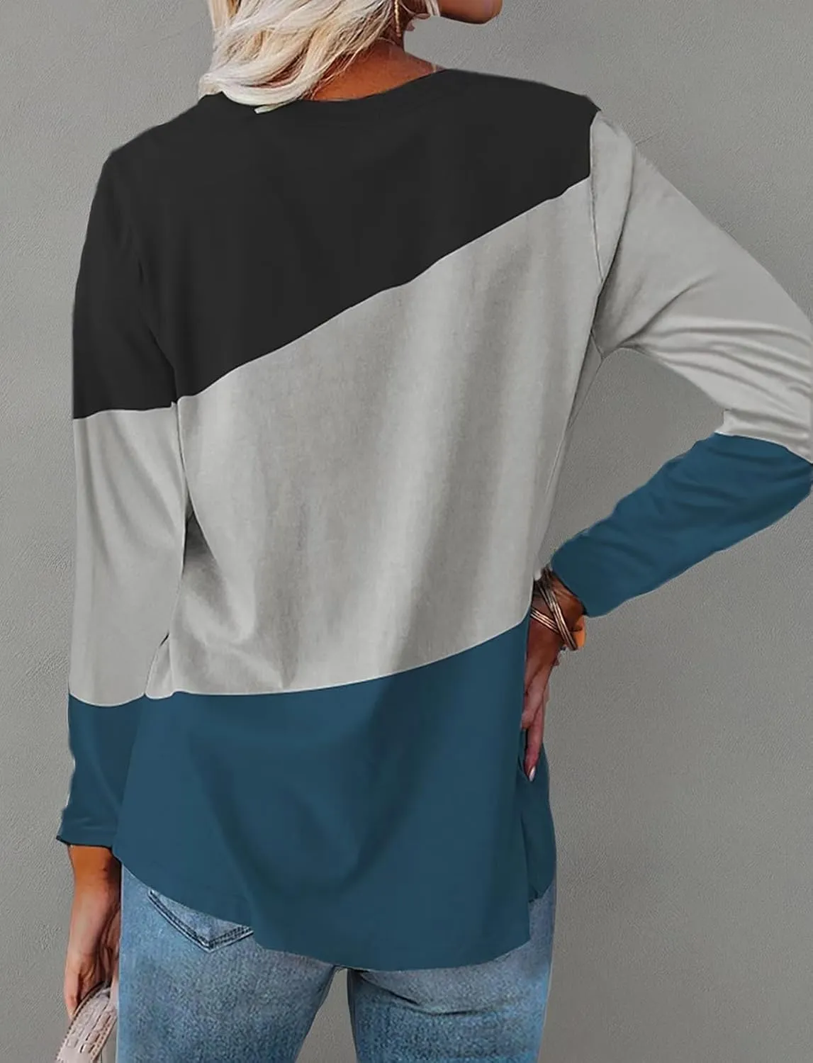 Minetom Women's Color Block Tops Casual Long Sleeve Tunic Round Neck Pullover Shirts