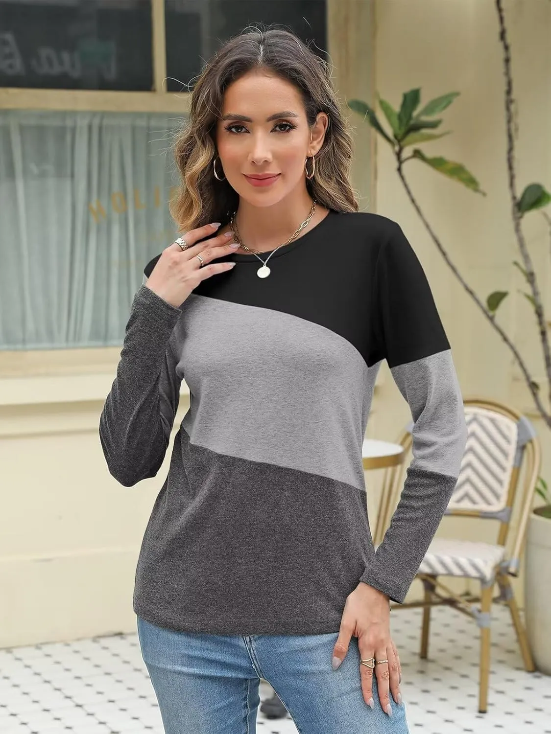 Minetom Women's Color Block Tops Casual Long Sleeve Tunic Round Neck Pullover Shirts