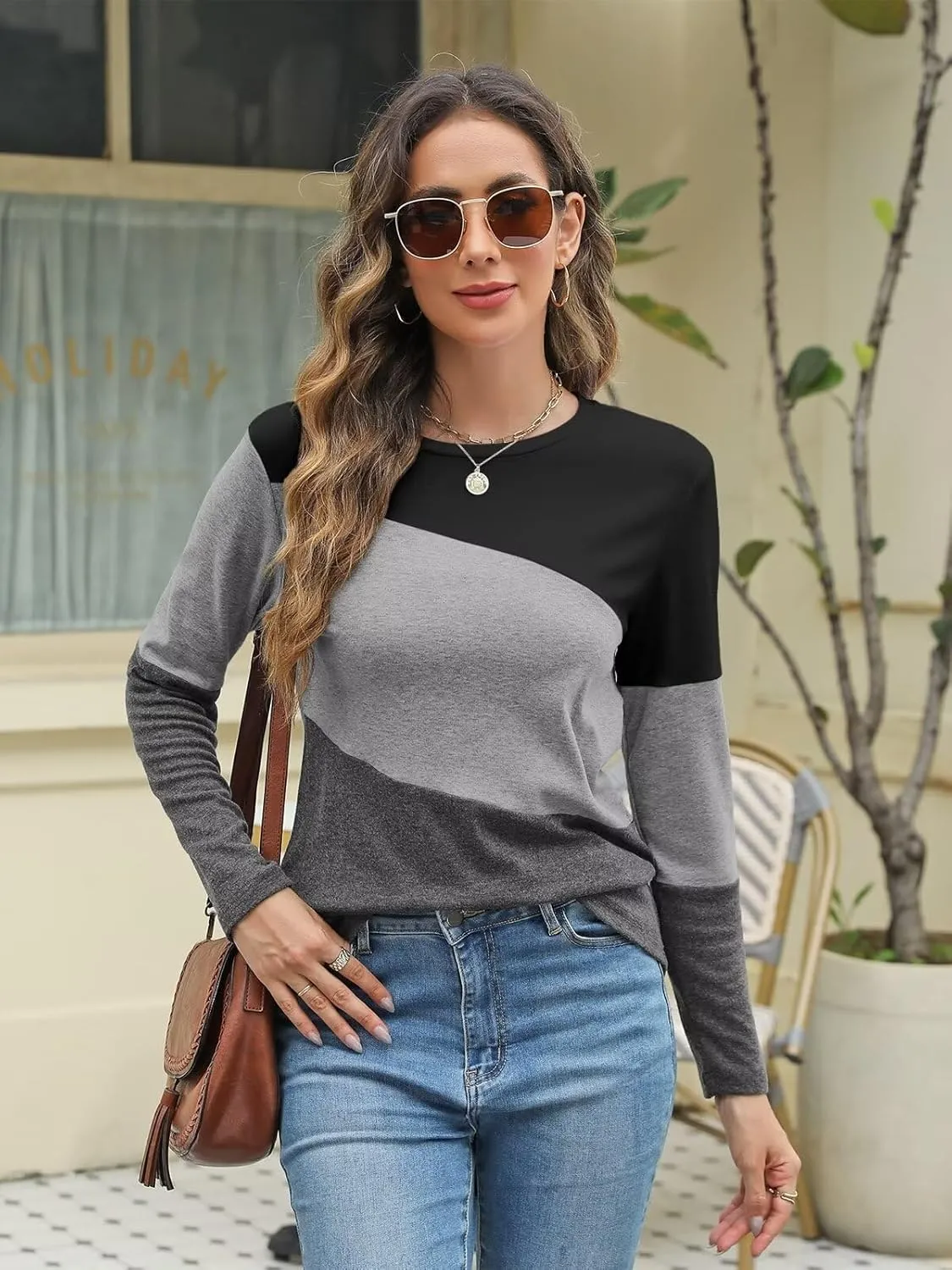 Minetom Women's Color Block Tops Casual Long Sleeve Tunic Round Neck Pullover Shirts