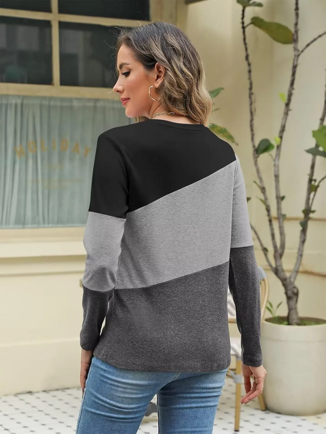 Minetom Women's Color Block Tops Casual Long Sleeve Tunic Round Neck Pullover Shirts