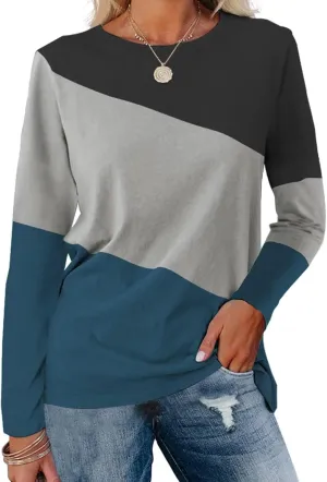 Minetom Women's Color Block Tops Casual Long Sleeve Tunic Round Neck Pullover Shirts