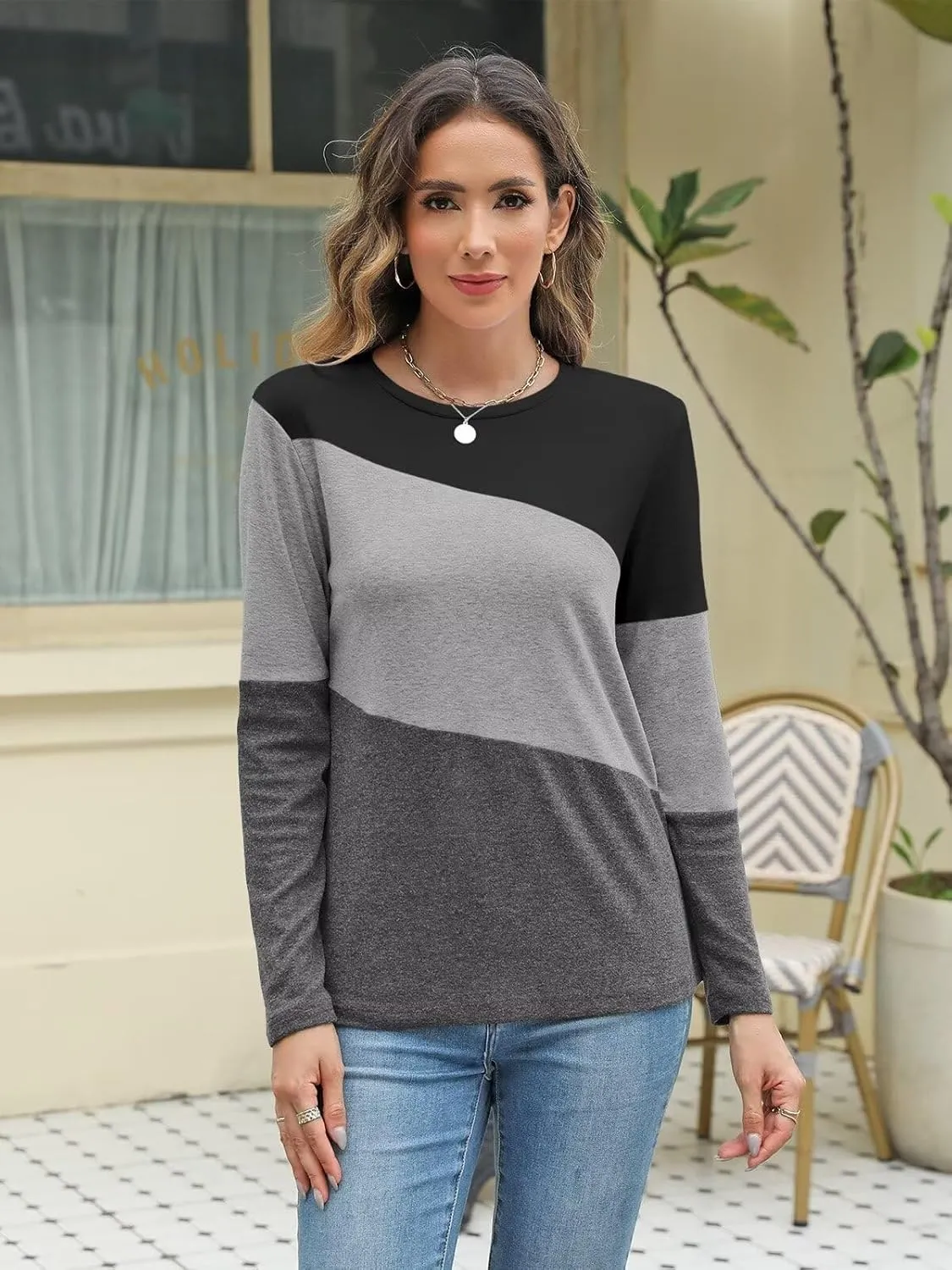Minetom Women's Color Block Tops Casual Long Sleeve Tunic Round Neck Pullover Shirts