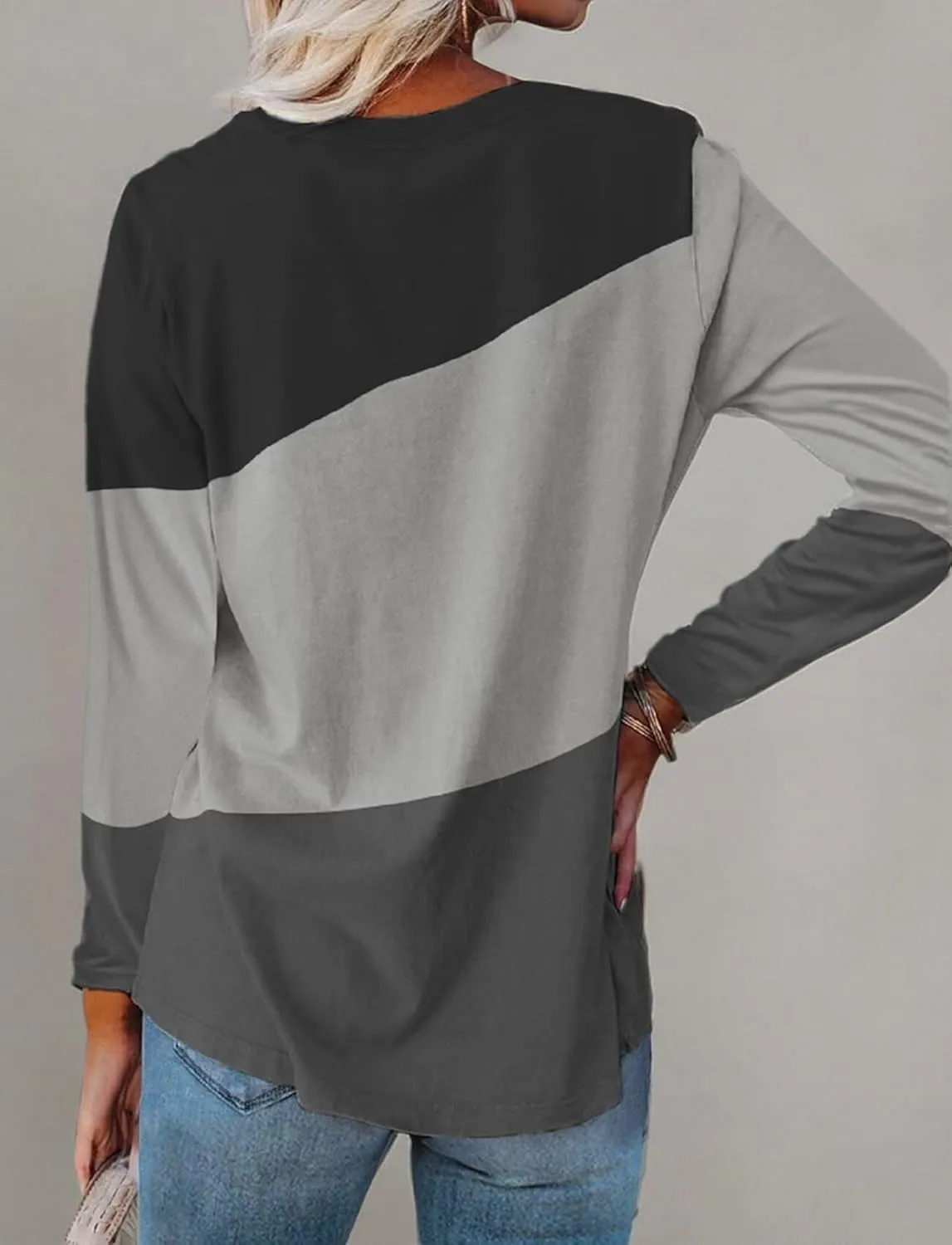 Minetom Women's Color Block Tops Casual Long Sleeve Tunic Round Neck Pullover Shirts