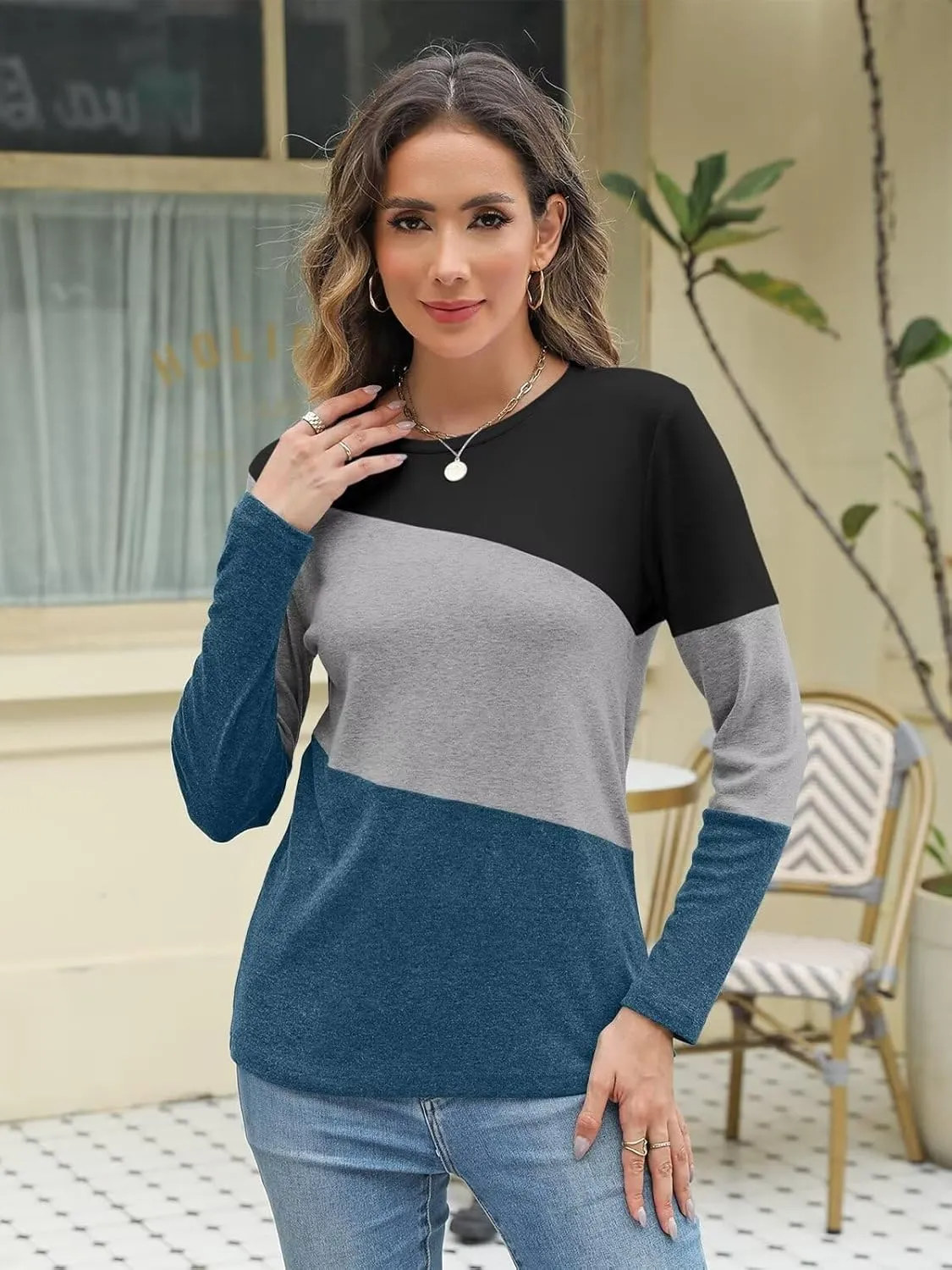 Minetom Women's Color Block Tops Casual Long Sleeve Tunic Round Neck Pullover Shirts