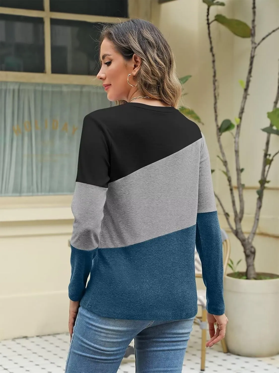 Minetom Women's Color Block Tops Casual Long Sleeve Tunic Round Neck Pullover Shirts
