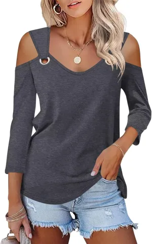 Minetom Women's V Neck 3/4 Sleeve Shirts Cold Shoulder Tops Basic Summer Tees