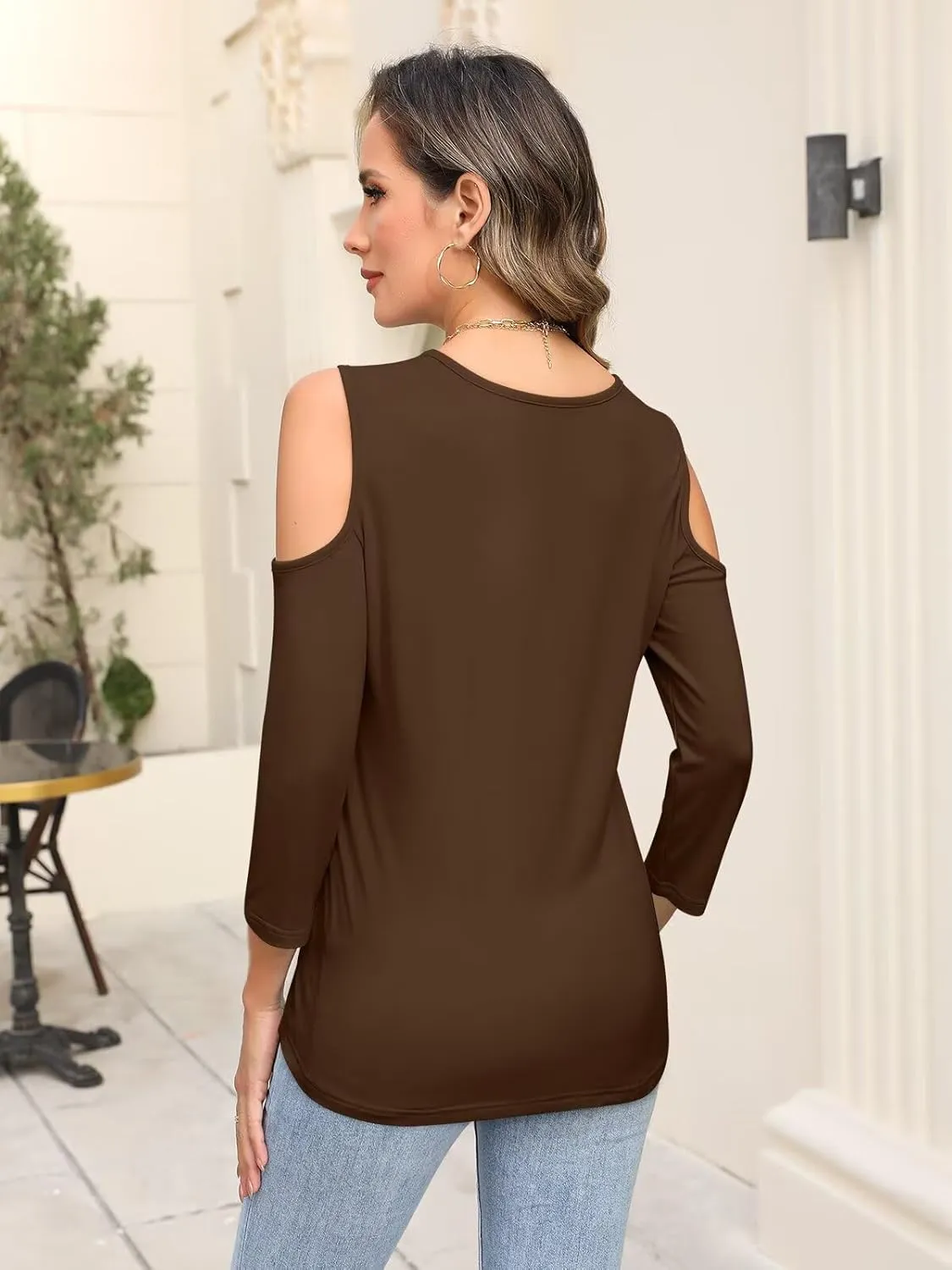 Minetom Women's V Neck 3/4 Sleeve Shirts Cold Shoulder Tops Basic Summer Tees