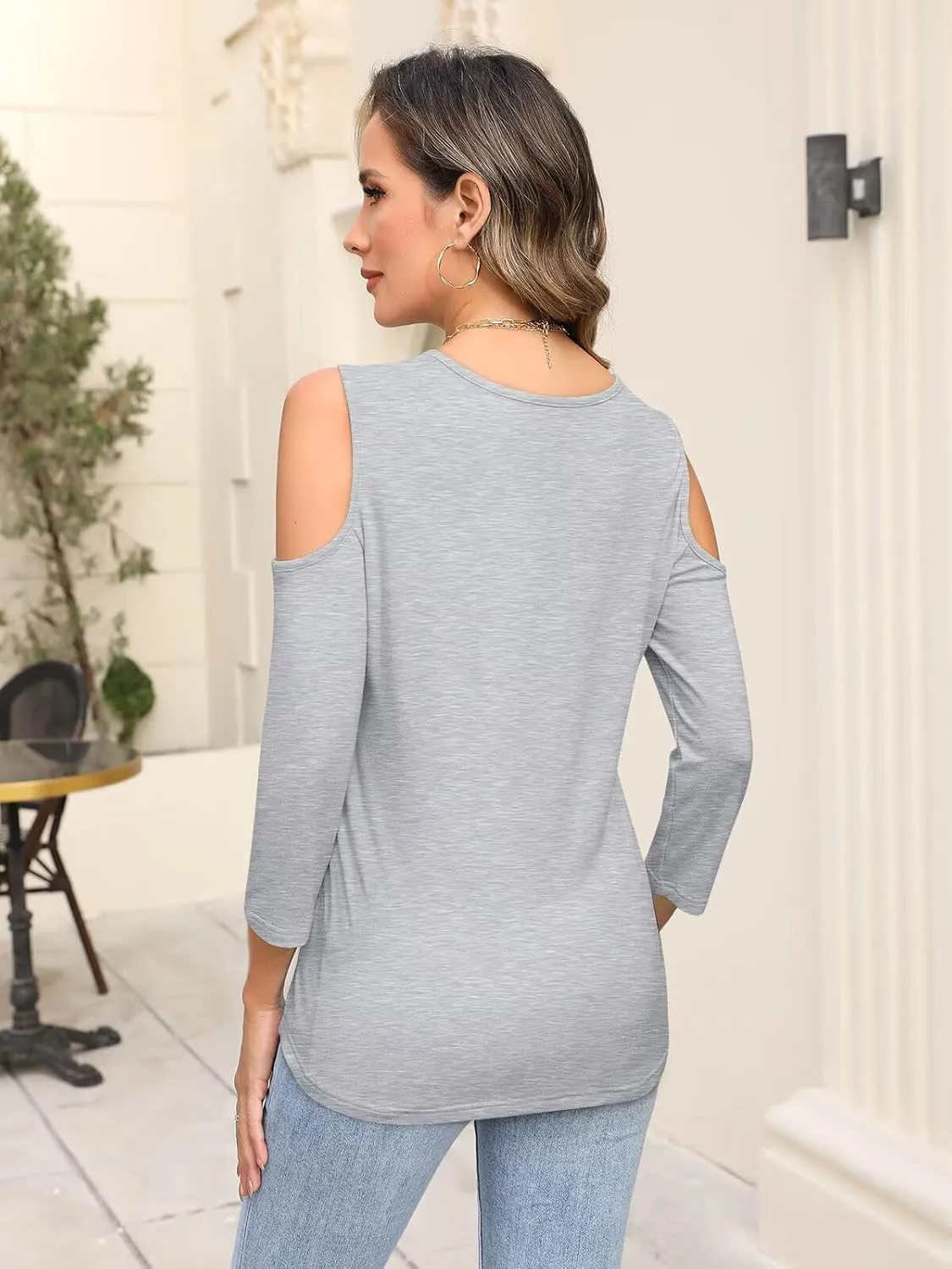 Minetom Women's V Neck 3/4 Sleeve Shirts Cold Shoulder Tops Basic Summer Tees