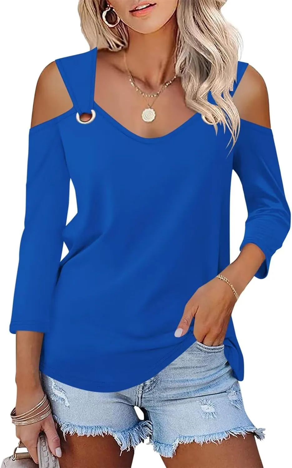 Minetom Women's V Neck 3/4 Sleeve Shirts Cold Shoulder Tops Basic Summer Tees