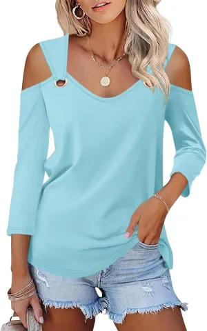 Minetom Women's V Neck 3/4 Sleeve Shirts Cold Shoulder Tops Basic Summer Tees