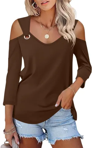 Minetom Women's V Neck 3/4 Sleeve Shirts Cold Shoulder Tops Basic Summer Tees