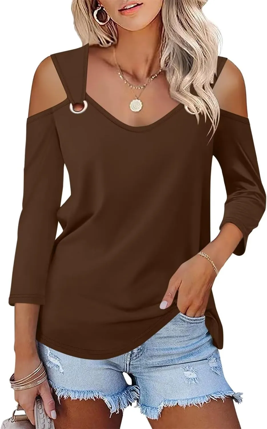 Minetom Women's V Neck 3/4 Sleeve Shirts Cold Shoulder Tops Basic Summer Tees