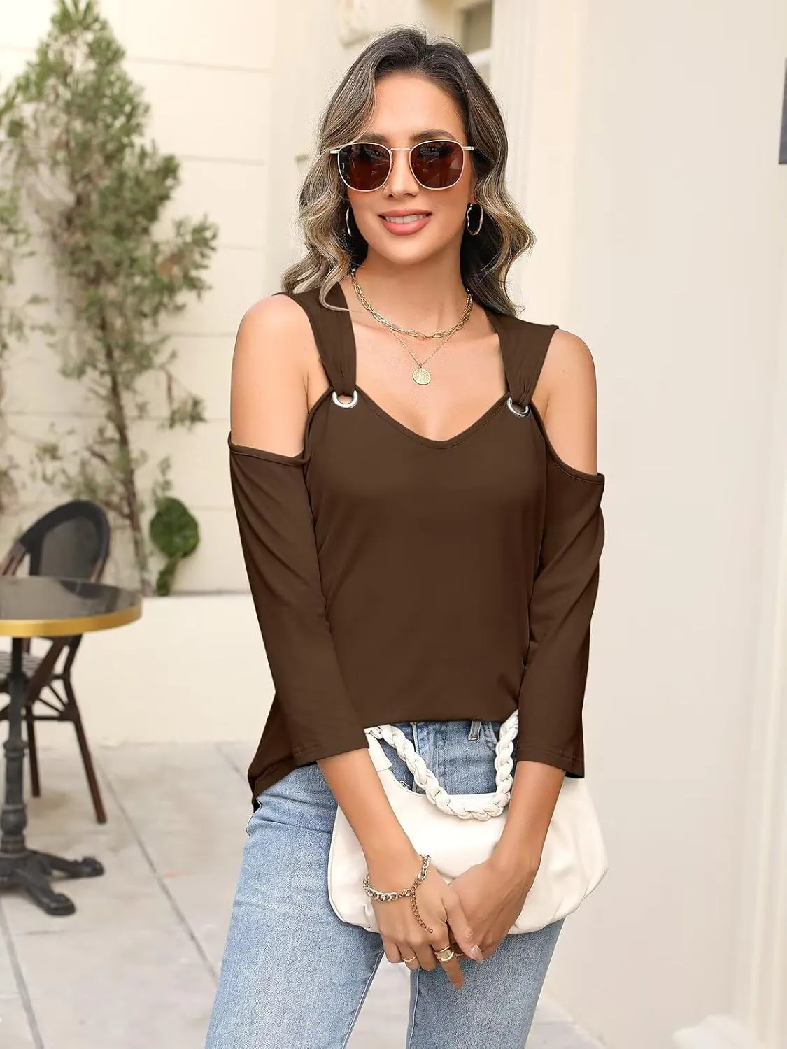 Minetom Women's V Neck 3/4 Sleeve Shirts Cold Shoulder Tops Basic Summer Tees