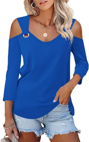 Minetom Women's V Neck 3/4 Sleeve Shirts Cold Shoulder Tops Basic Summer Tees