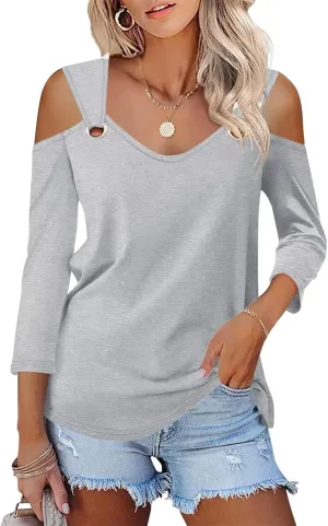 Minetom Women's V Neck 3/4 Sleeve Shirts Cold Shoulder Tops Basic Summer Tees