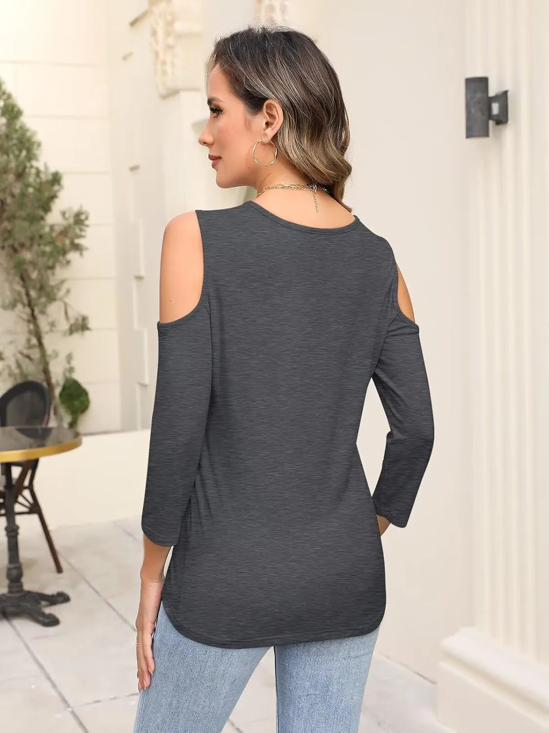 Minetom Women's V Neck 3/4 Sleeve Shirts Cold Shoulder Tops Basic Summer Tees