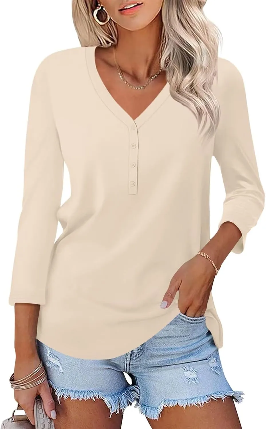Minetom Women's V Neck 3/4 Sleeve Tops Casual Shirts Basic Summer Tees