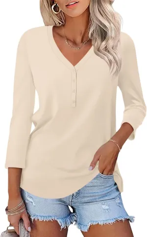 Minetom Women's V Neck 3/4 Sleeve Tops Casual Shirts Basic Summer Tees