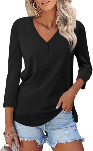 Minetom Women's V Neck 3/4 Sleeve Tops Casual Shirts Basic Summer Tees